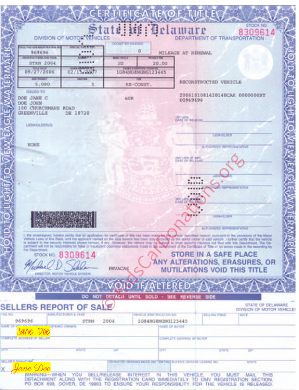 This is an Example of Delaware Certificate of Title To Motor Vehicle (2006) Front View | Kids Car Donations